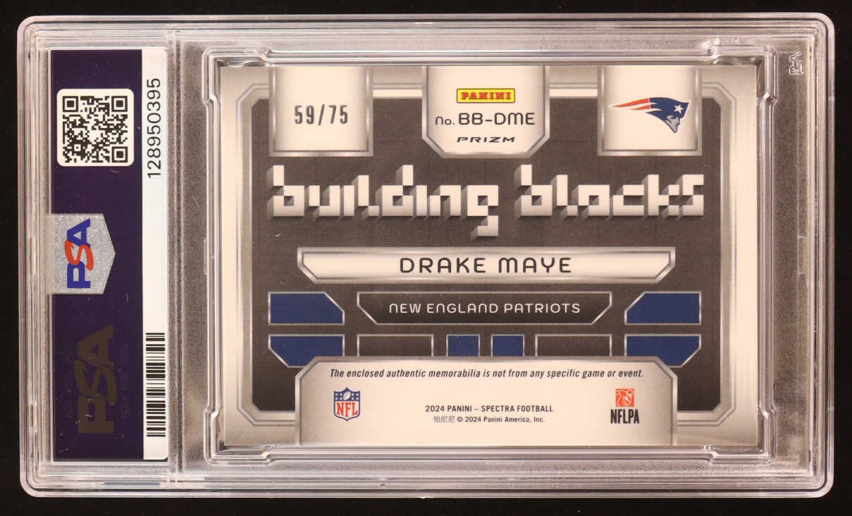 Drake Maye 2024 Panini Spectra Building Blocks Relic Hyper #BBD-ME RC #59/75 (PSA 8) at PristineAuction.com Drake Maye 2024 Panini Spectra Building Blocks Relic Hyper #BBD-ME RC #59/75 (PSA 8) at PristineAuction.com