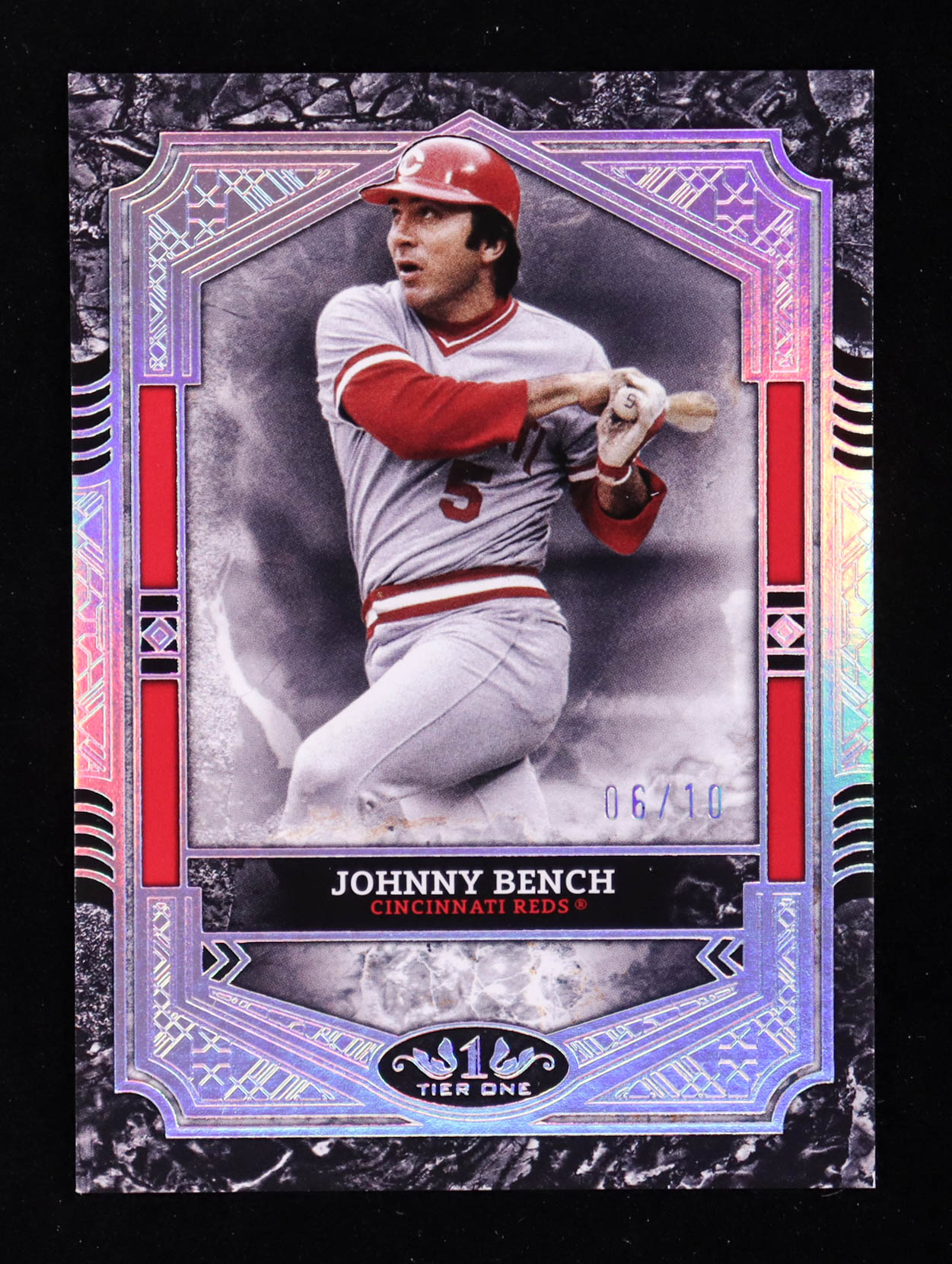 Johnny Bench 2025 Topps Tier One Holo Silver Foil #17 #06/10 at PristineAuction.com Johnny Bench 2025 Topps Tier One Holo Silver Foil #17 #06/10 at PristineAuction.com