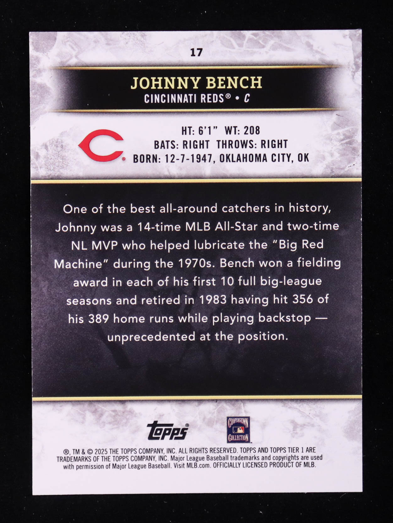 Johnny Bench 2025 Topps Tier One Holo Silver Foil #17 #06/10 at PristineAuction.com Johnny Bench 2025 Topps Tier One Holo Silver Foil #17 #06/10 at PristineAuction.com