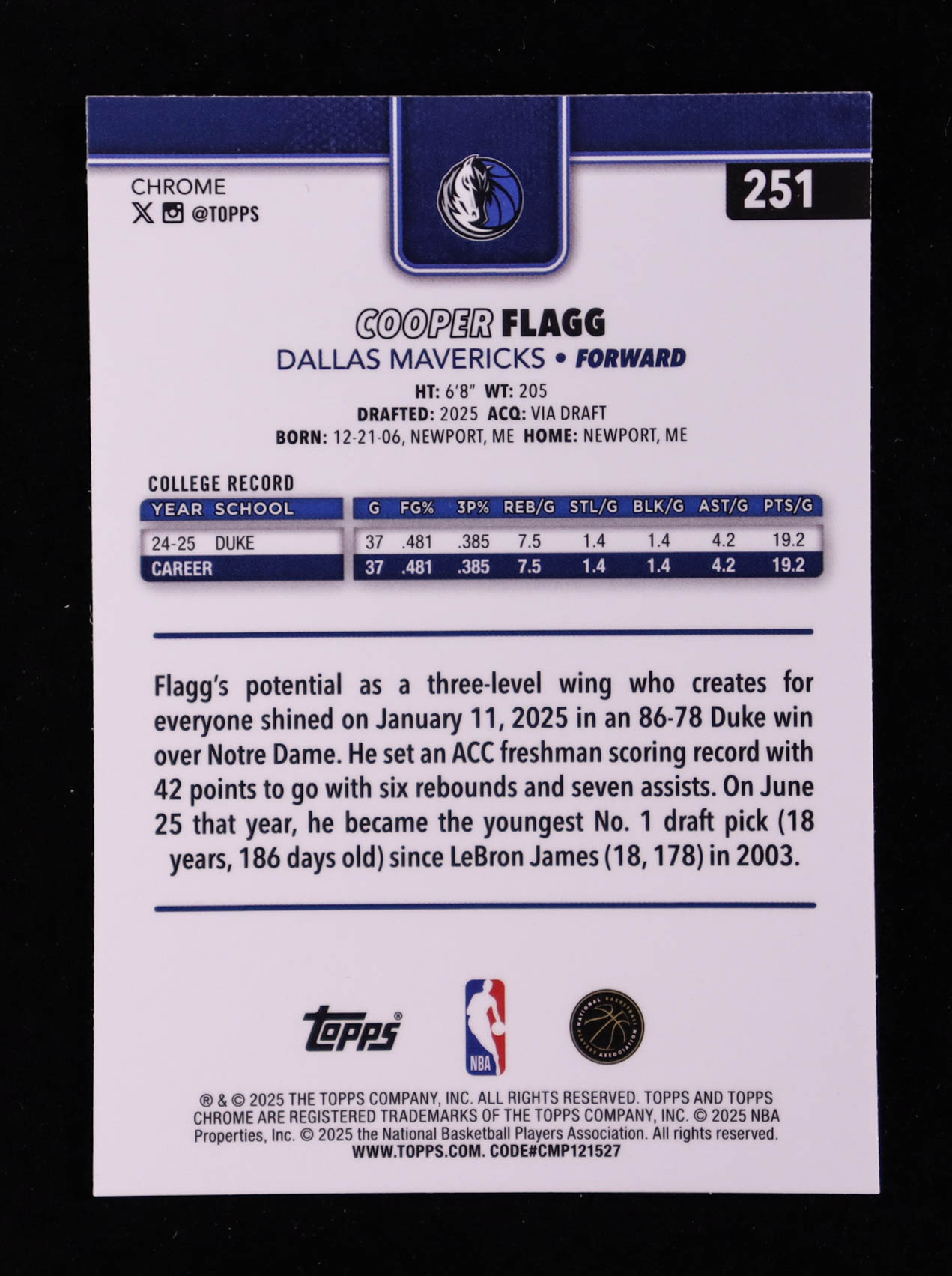 Cooper Flagg 2025-26 Topps Chrome #251 RC at PristineAuction.com Cooper Flagg 2025-26 Topps Chrome #251 RC at PristineAuction.com