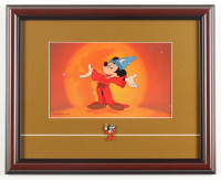 1988 Disney "Mickey Mouse: The Sorcerer's Apprentice" Custom Framed Two-Piece Animation Cel Display with Apprentice Pin at PristineAuction.com
