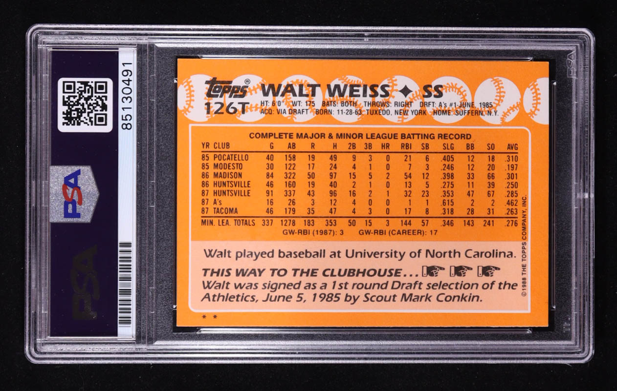 Walt Weiss Signed 1988 Topps Traded #126T RC Inscribed "88 AL ROY" (PSA Encapsulated) at PristineAuction.com Walt Weiss Signed 1988 Topps Traded #126T RC Inscribed "88 AL ROY" (PSA Encapsulated) at PristineAuction.com