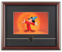 1988 Disney "Mickey Mouse: The Sorcerer's Apprentice" Custom Framed Two-Piece Animation Cel Display with Apprentice Pin at PristineAuction.com