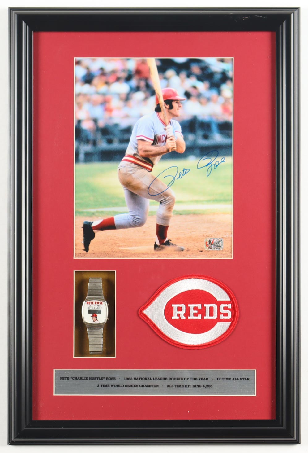 Pete Rose Signed Reds Custom Framed Photo Display with Reds Logo Patch & Vintage Watches (Rose) at PristineAuction.com Pete Rose Signed Reds Custom Framed Photo Display with Reds Logo Patch & Vintage Watches (Rose) at PristineAuction.com