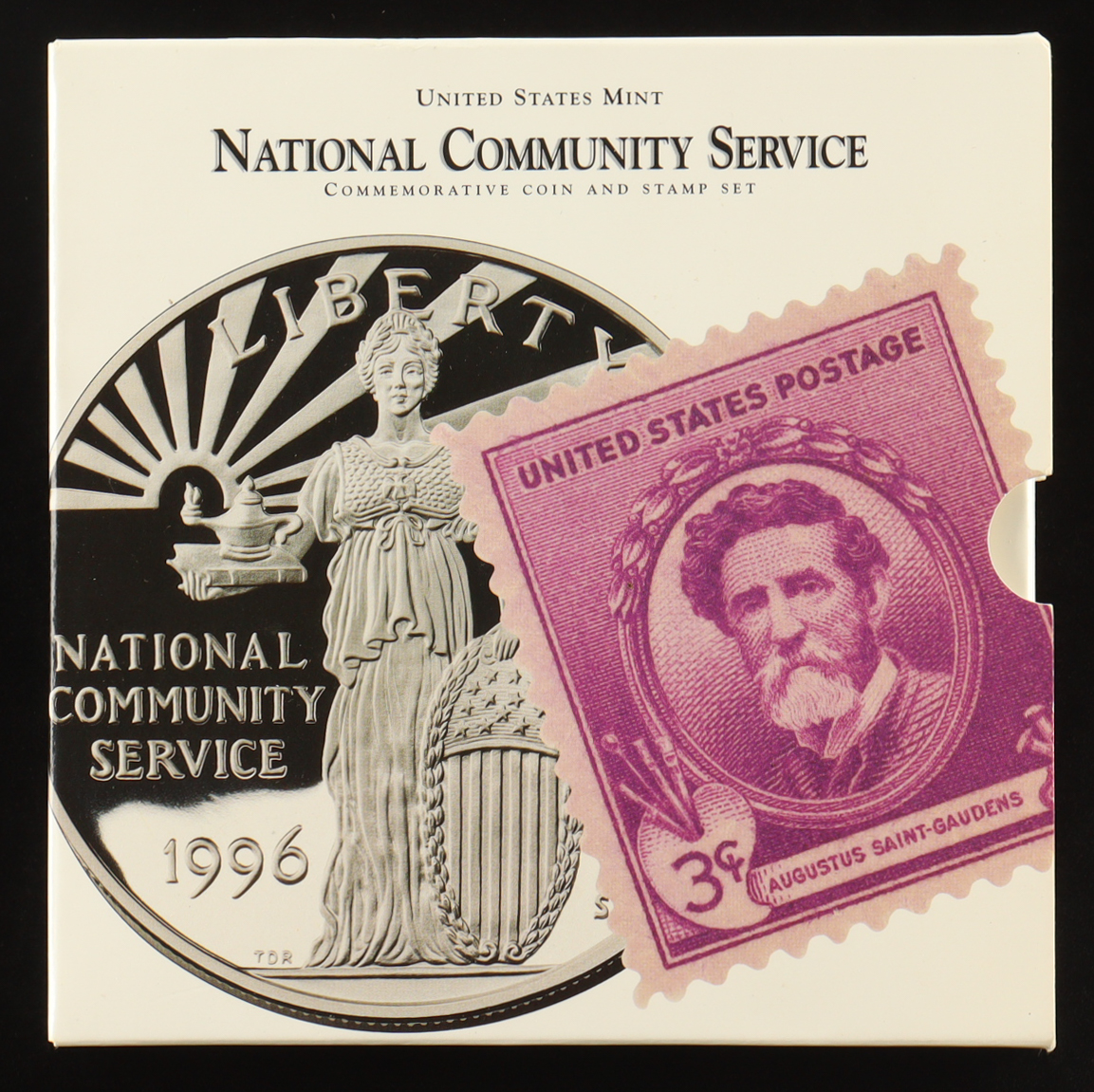 1996-S US National Community Service Commemorative Silver Coin & Stamp at PristineAuction.com 1996-S US National Community Service Commemorative Silver Coin & Stamp at PristineAuction.com