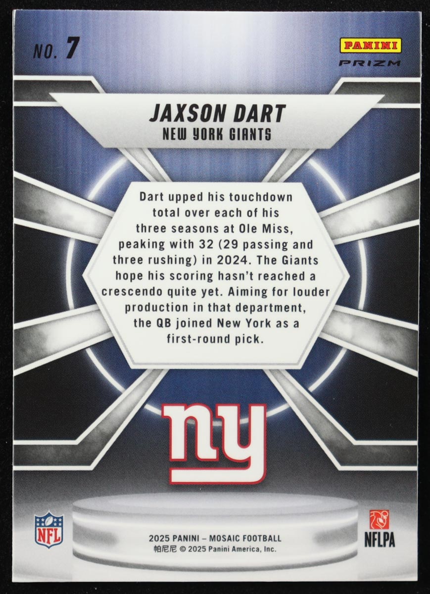 Jaxson Dart 2025 Panini Mosaic Center Stage Mosaic #7 RC at PristineAuction.com Jaxson Dart 2025 Panini Mosaic Center Stage Mosaic #7 RC at PristineAuction.com