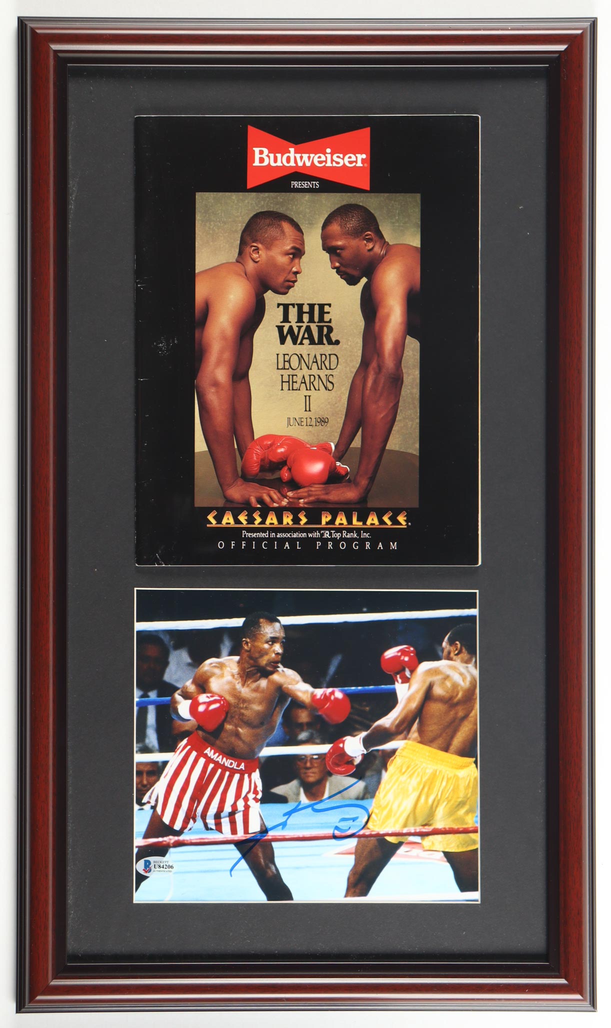 Sugar Ray Leonard Signed Custom Framed Photo Display with 1989 "Caesars Palace" Program (JSA) at PristineAuction.com Sugar Ray Leonard Signed Custom Framed Photo Display with 1989 "Caesars Palace" Program (JSA) at PristineAuction.com