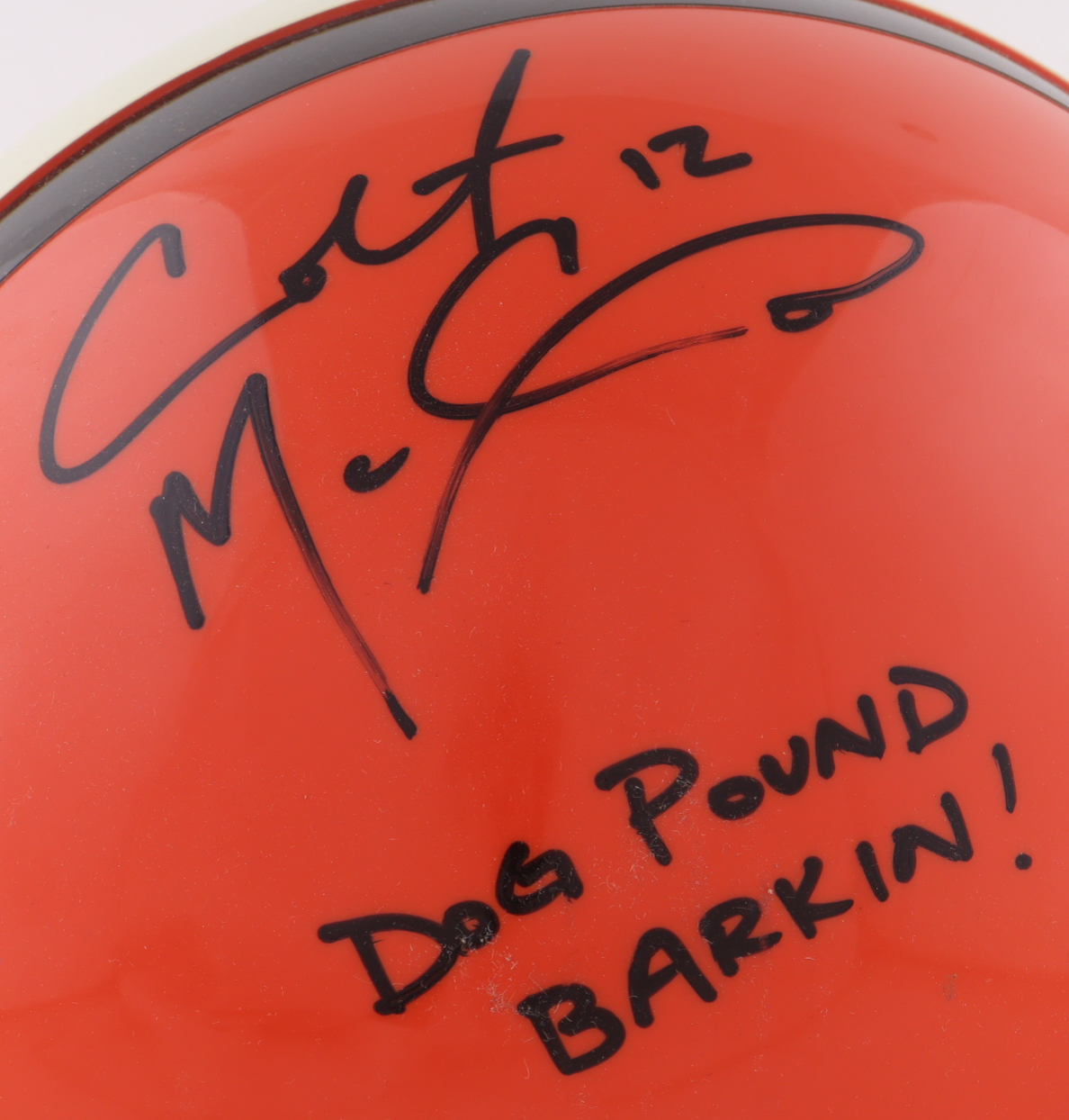 Colt McCoy Signed Browns Full-Size Authentic On-Field Helmet Inscribed "Dog Pound Barkin!" (McCoy) at PristineAuction.com Colt McCoy Signed Browns Full-Size Authentic On-Field Helmet Inscribed "Dog Pound Barkin!" (McCoy) at PristineAuction.com