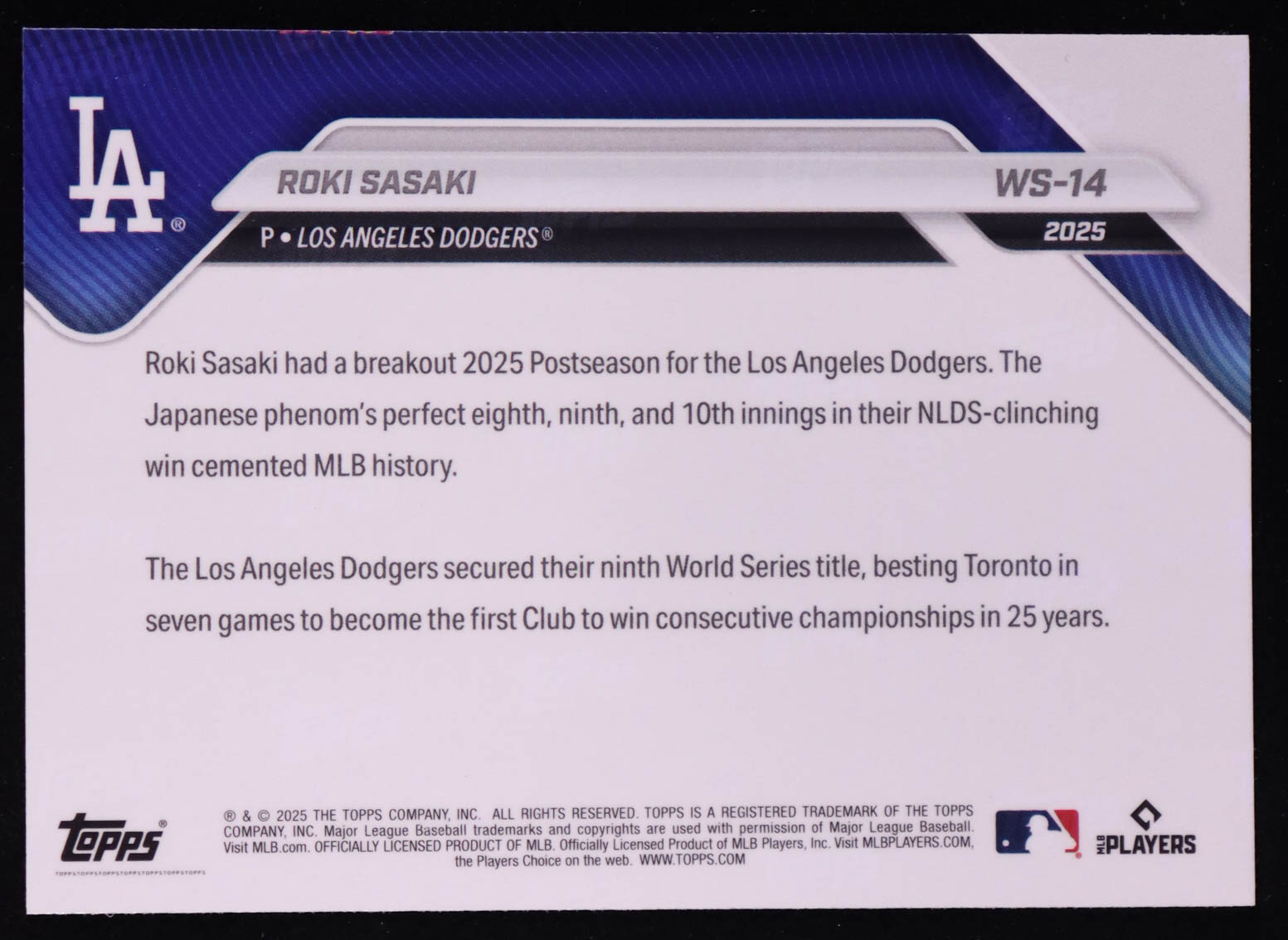 Roki Sasaki 2025 Topps Now World Series Champions #WS14 RC at PristineAuction.com Roki Sasaki 2025 Topps Now World Series Champions #WS14 RC at PristineAuction.com
