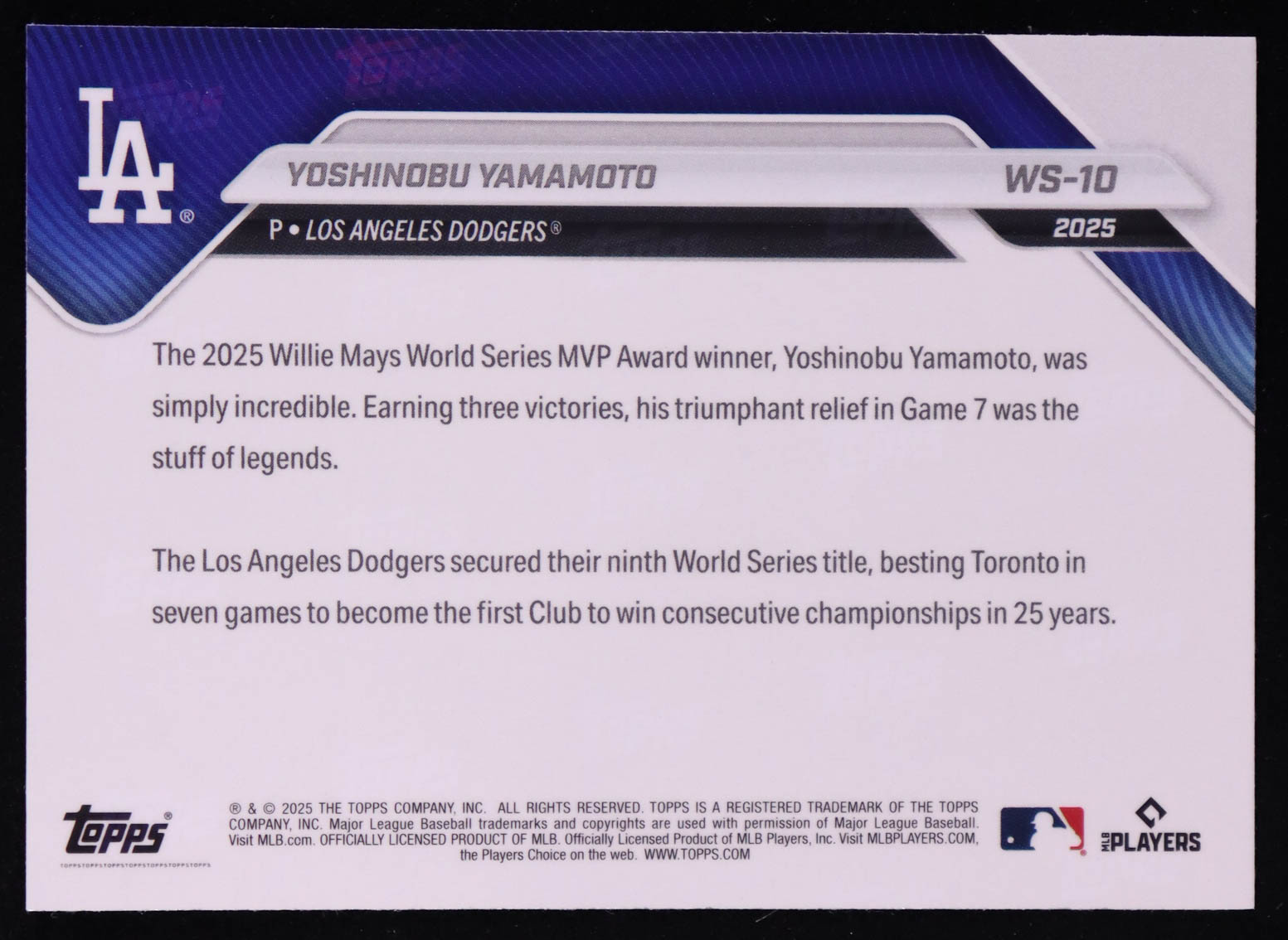 Yoshinobu Yamamoto 2025 Topps Now World Series Champions #WS10 at PristineAuction.com Yoshinobu Yamamoto 2025 Topps Now World Series Champions #WS10 at PristineAuction.com