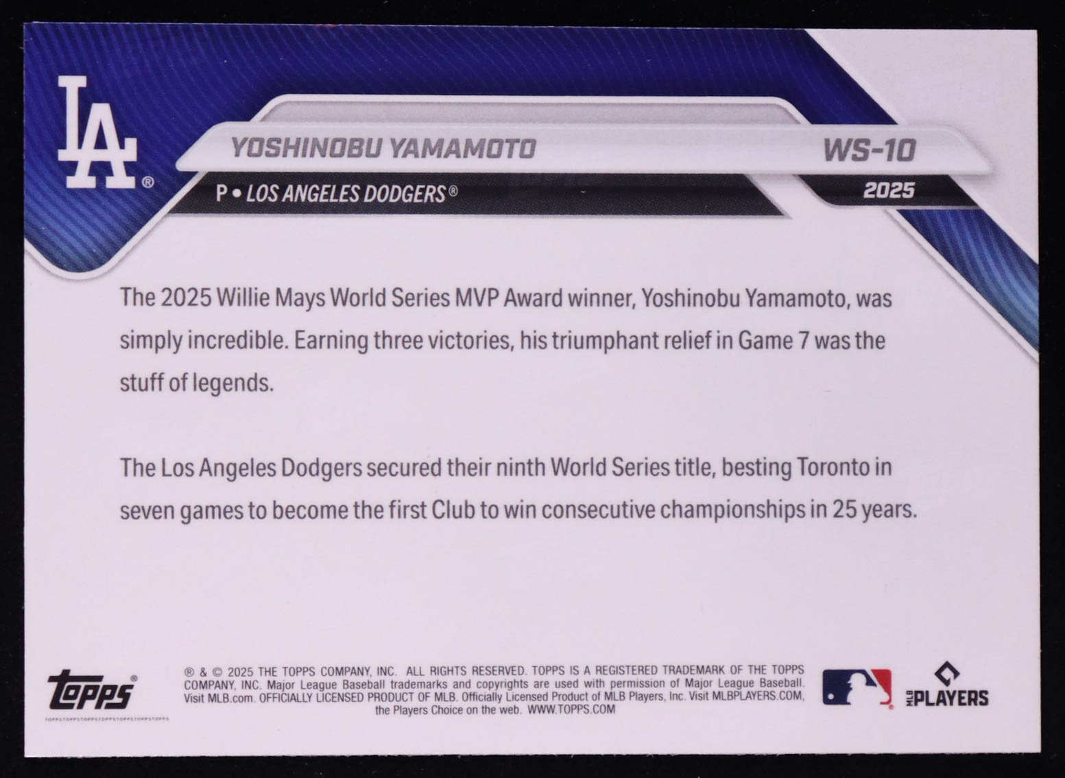 Yoshinobu Yamamoto 2025 Topps Now World Series Champions #WS10 at PristineAuction.com Yoshinobu Yamamoto 2025 Topps Now World Series Champions #WS10 at PristineAuction.com