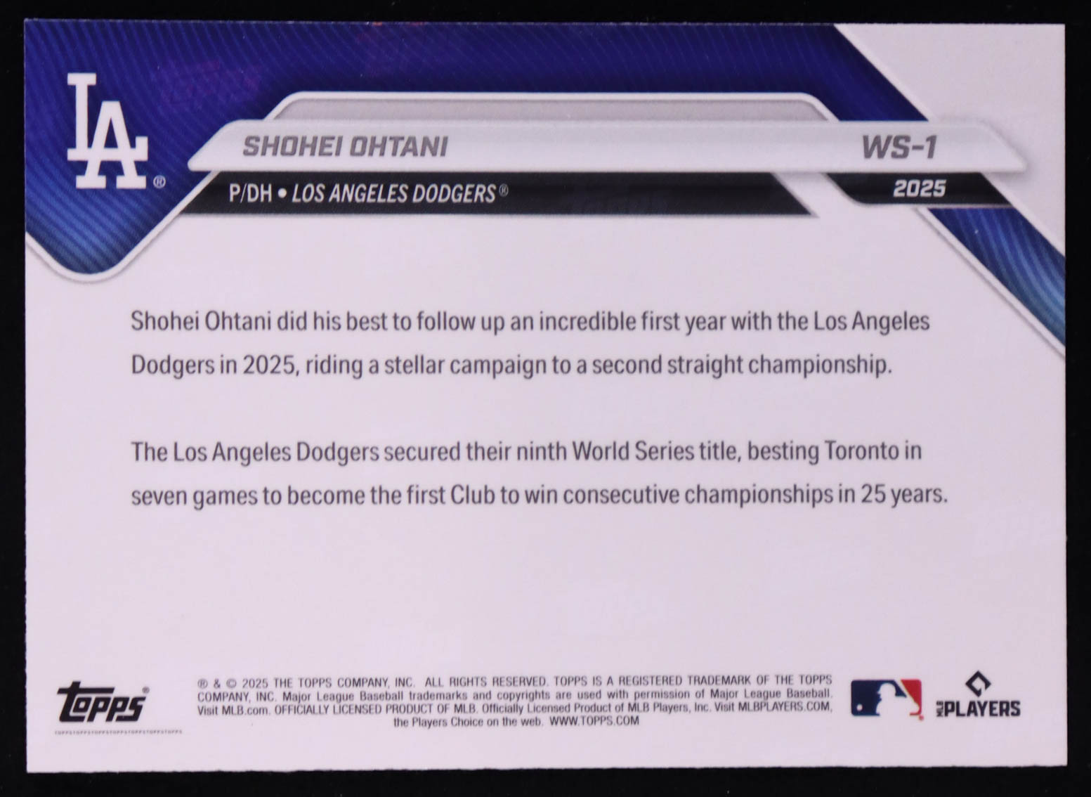 Shohei Ohtani 2025 Topps Now World Series Champions #WS1 at PristineAuction.com Shohei Ohtani 2025 Topps Now World Series Champions #WS1 at PristineAuction.com
