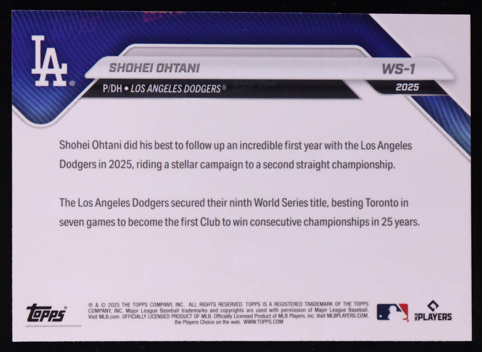 Shohei Ohtani 2025 Topps Now World Series Champions #WS1 at PristineAuction.com Shohei Ohtani 2025 Topps Now World Series Champions #WS1 at PristineAuction.com