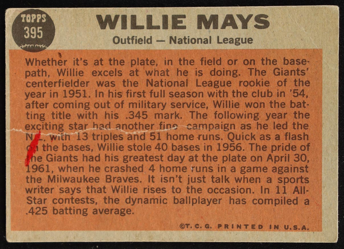 Willie Mays 1962 Topps #395 AS at PristineAuction.com Willie Mays 1962 Topps #395 AS at PristineAuction.com