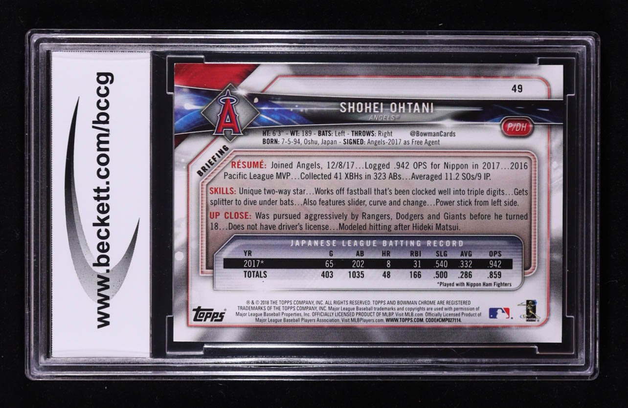 Shohei Ohtani 2018 Bowman #49 RC (BCCG 10) at PristineAuction.com Shohei Ohtani 2018 Bowman #49 RC (BCCG 10) at PristineAuction.com