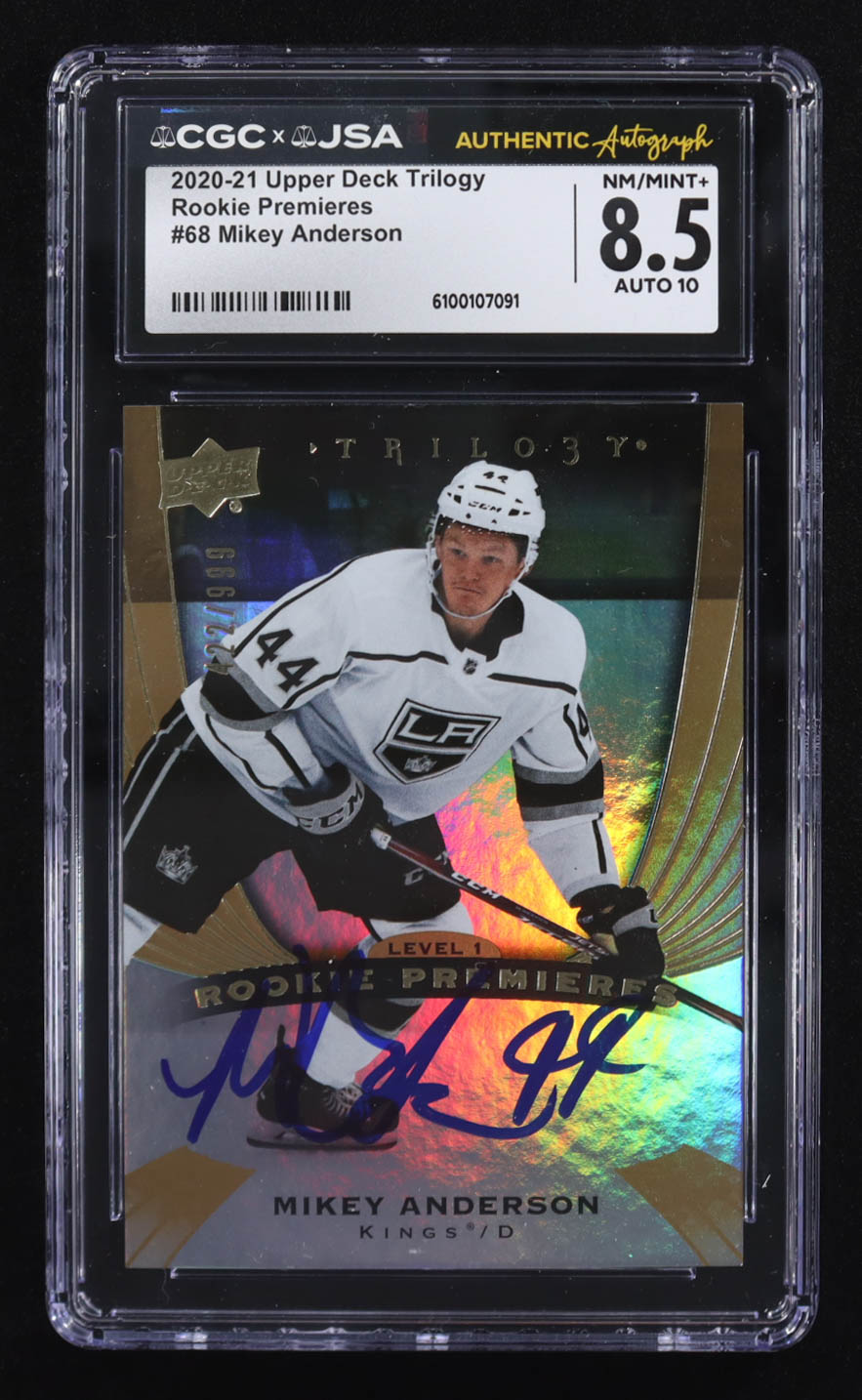 Mikey Anderson Signed 2020-21 Upper Deck Trilogy Rookie Premieres #68 RC #422/999 (CGC 8.5 | Autograph Graded CGC 10) at PristineAuction.com Mikey Anderson Signed 2020-21 Upper Deck Trilogy Rookie Premieres #68 RC #422/999 (CGC 8.5 | Autograph Graded CGC 10) at PristineAuction.com