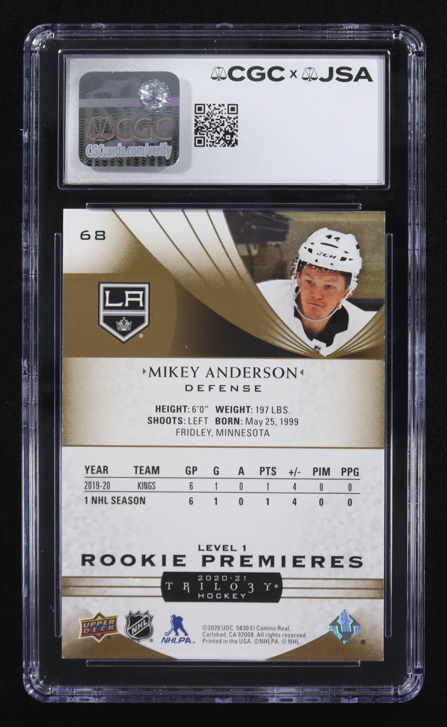 Mikey Anderson Signed 2020-21 Upper Deck Trilogy Rookie Premieres #68 RC #422/999 (CGC 8.5 | Autograph Graded CGC 10) at PristineAuction.com Mikey Anderson Signed 2020-21 Upper Deck Trilogy Rookie Premieres #68 RC #422/999 (CGC 8.5 | Autograph Graded CGC 10) at PristineAuction.com
