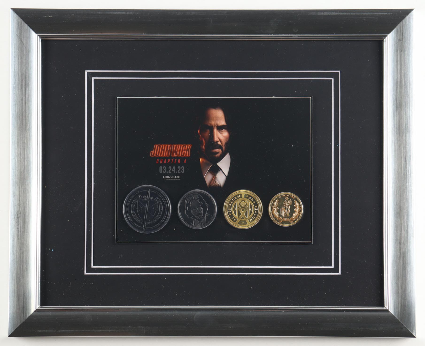 "John Wick: Chapter 4" Custom Framed Photo Display with (4) Continental Coin Set at PristineAuction.com "John Wick: Chapter 4" Custom Framed Photo Display with (4) Continental Coin Set at PristineAuction.com