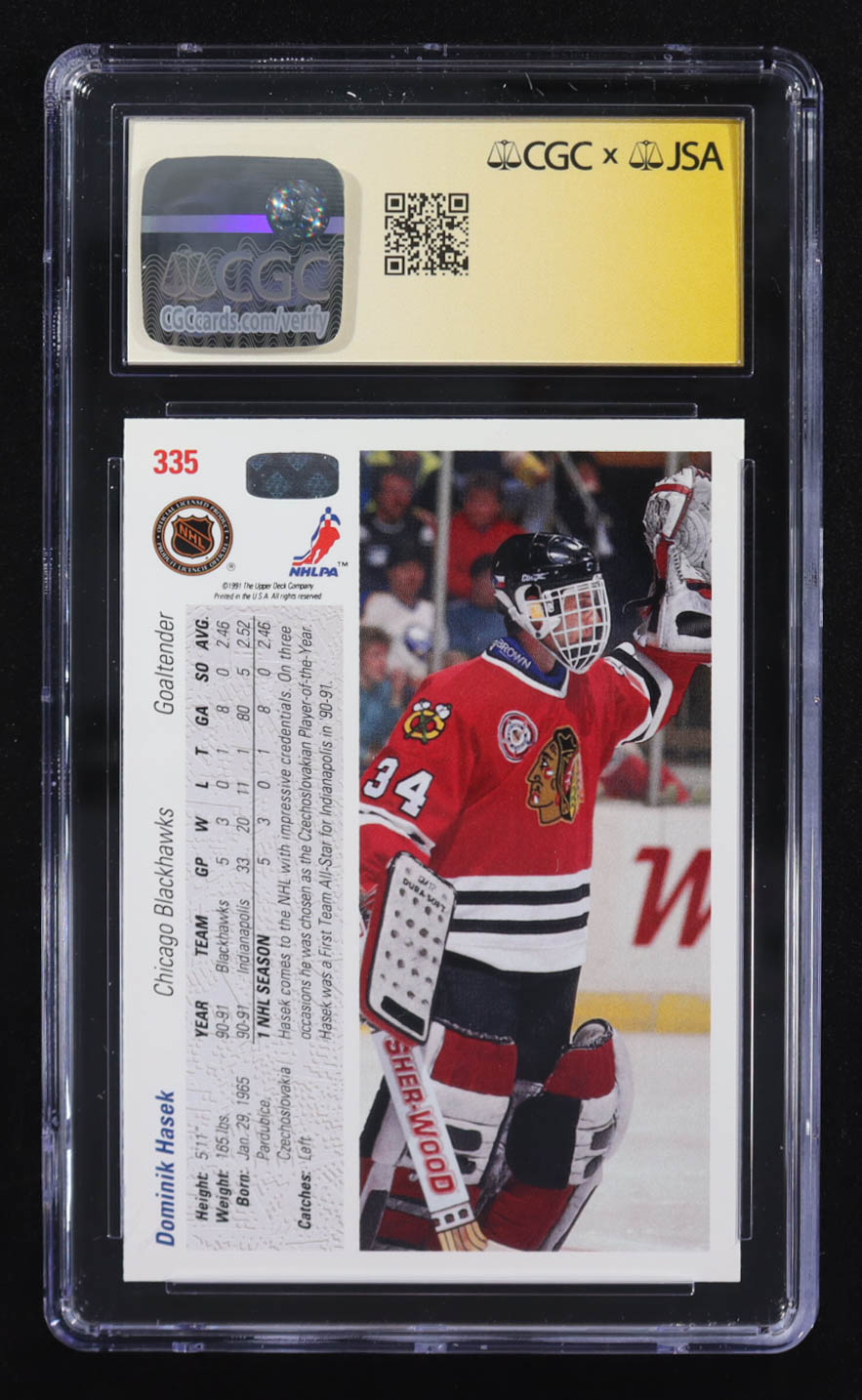 Dominik Hasek Signed 1991-92 Upper Deck #335 RC (CGC 8.5 | Autograph Graded CGC 10) at PristineAuction.com Dominik Hasek Signed 1991-92 Upper Deck #335 RC (CGC 8.5 | Autograph Graded CGC 10) at PristineAuction.com