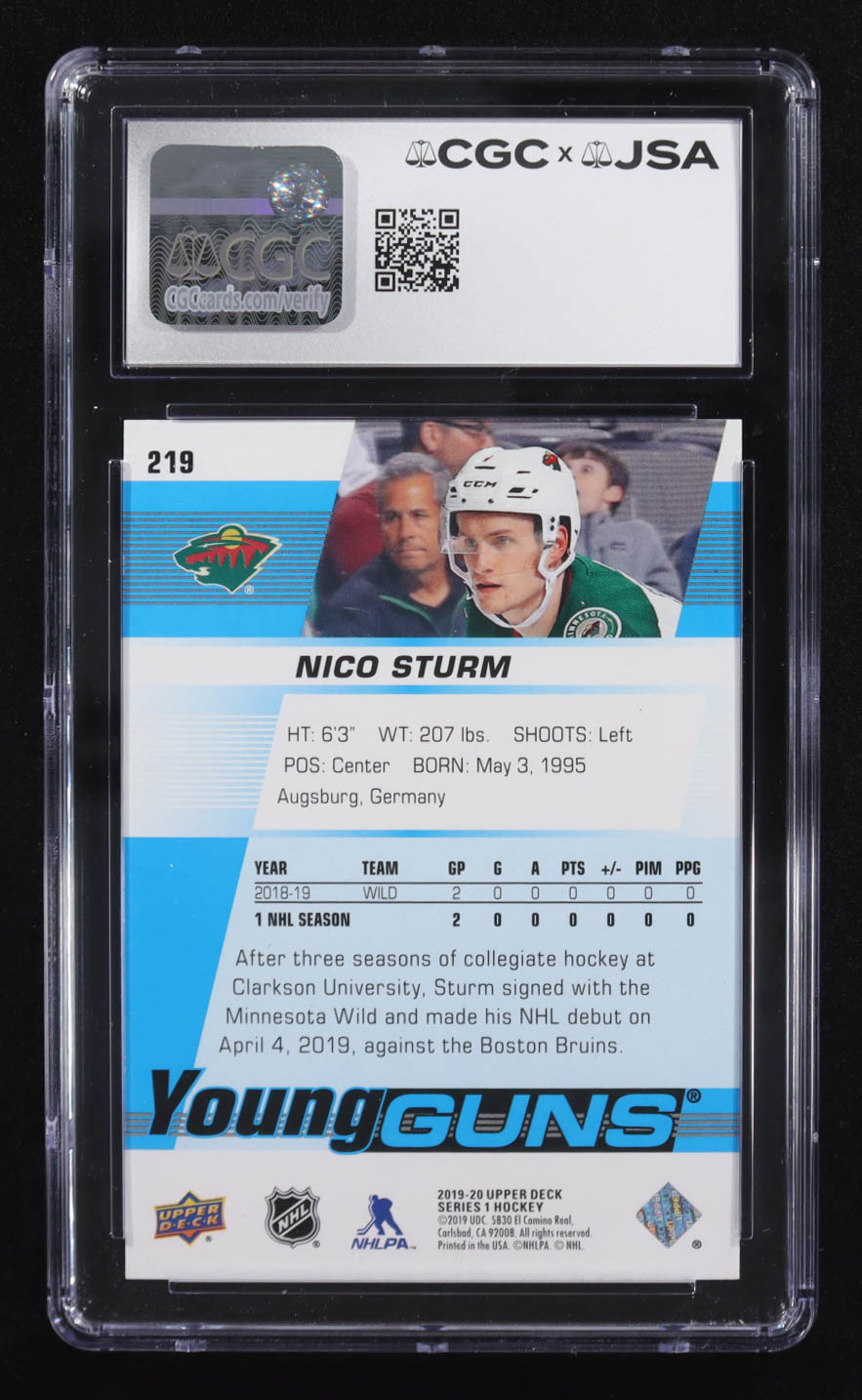 Nico Sturm Signed 2019-20 Upper Deck Young Guns #219 RC (CGC | Autograph Graded CGC 9) at PristineAuction.com Nico Sturm Signed 2019-20 Upper Deck Young Guns #219 RC (CGC | Autograph Graded CGC 9) at PristineAuction.com