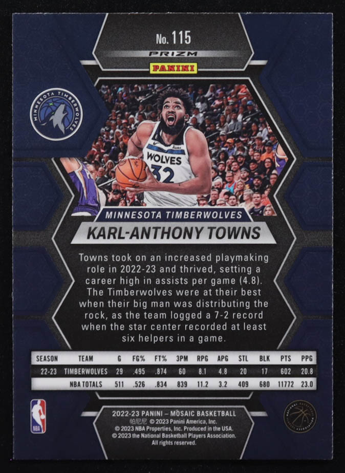 Karl-Anthony Towns 2022-23 Panini Mosaic Mosaic Genesis #115 RC at PristineAuction.com Karl-Anthony Towns 2022-23 Panini Mosaic Mosaic Genesis #115 RC at PristineAuction.com