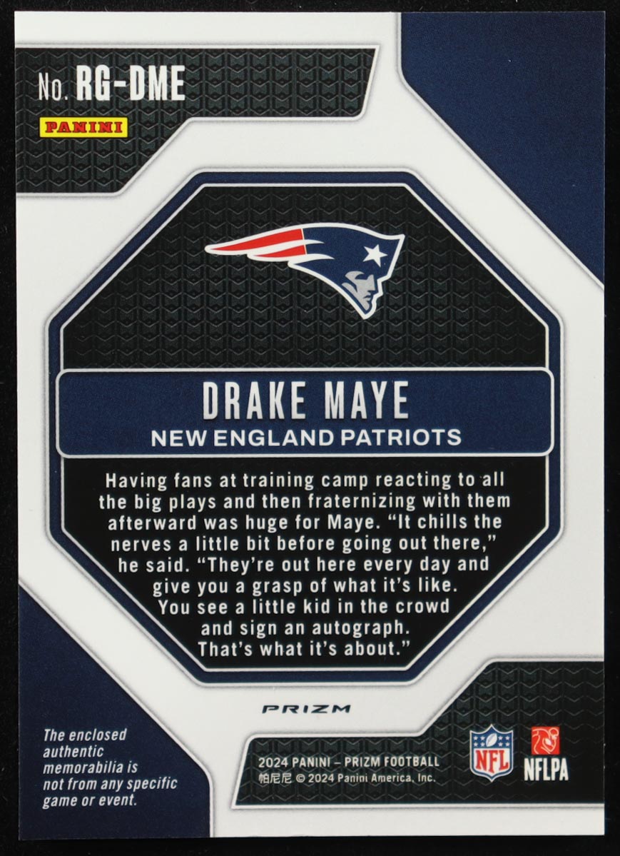 Drake Maye 2024 Panini Prizm Rookie Gear #6 RC at PristineAuction.com Drake Maye 2024 Panini Prizm Rookie Gear #6 RC at PristineAuction.com