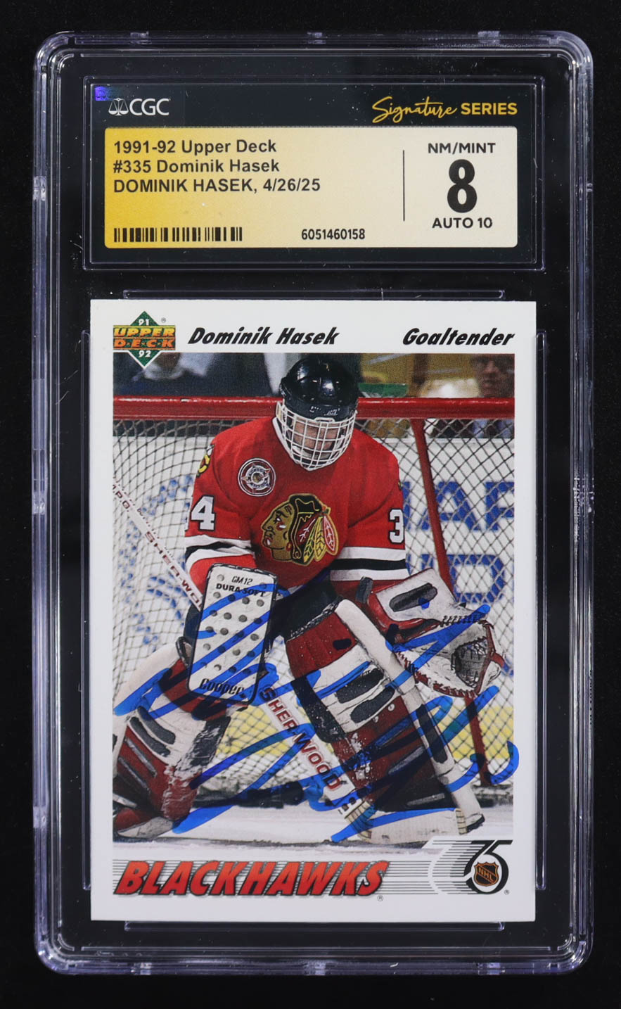 Dominik Hasek Signed 1991-92 Upper Deck #335 RC (CGC 8 | Autograph Graded CGC 10) at PristineAuction.com Dominik Hasek Signed 1991-92 Upper Deck #335 RC (CGC 8 | Autograph Graded CGC 10) at PristineAuction.com