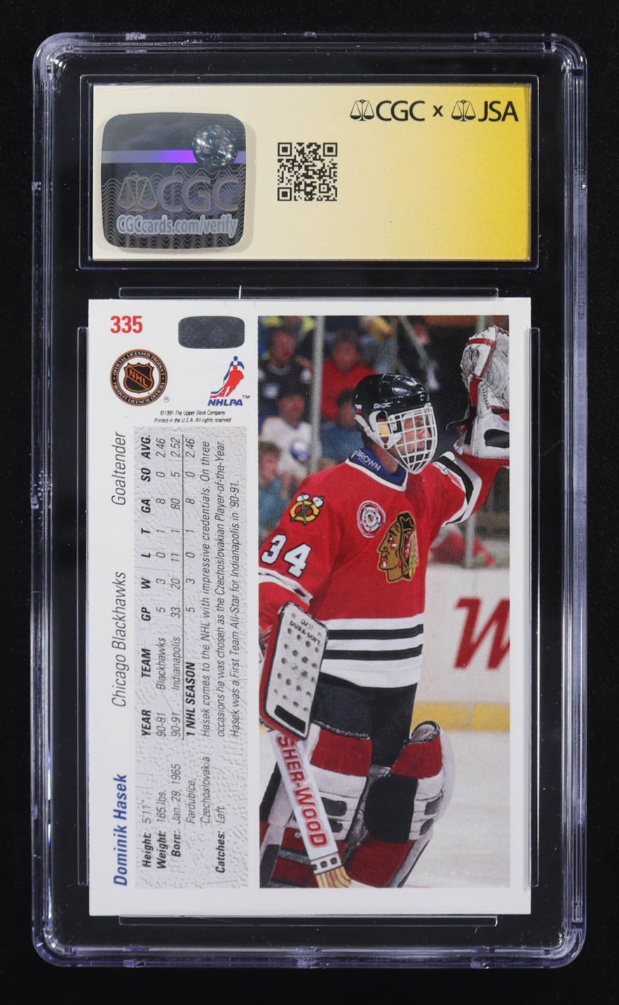 Dominik Hasek Signed 1991-92 Upper Deck #335 RC (CGC 8 | Autograph Graded CGC 10) at PristineAuction.com Dominik Hasek Signed 1991-92 Upper Deck #335 RC (CGC 8 | Autograph Graded CGC 10) at PristineAuction.com
