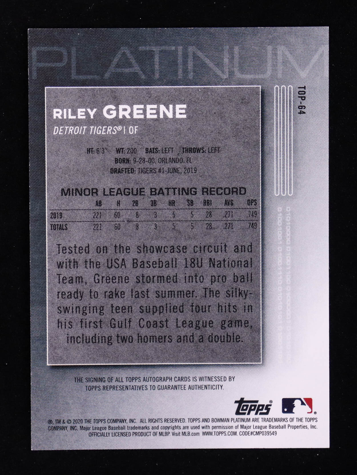 Riley Greene 2020 Bowman Platinum Top Prospect Autographs Ice #TOP64 #23/50 RC at PristineAuction.com Riley Greene 2020 Bowman Platinum Top Prospect Autographs Ice #TOP64 #23/50 RC at PristineAuction.com