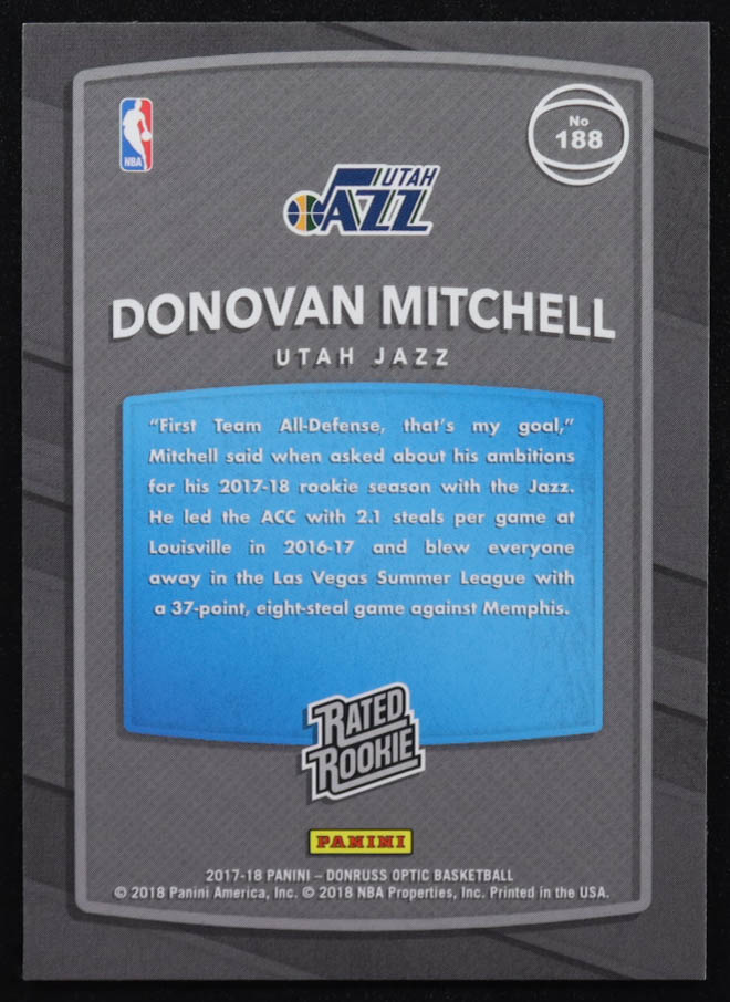 Donovan Mitchell 2017-18 Donruss Optic Mega Box Rated Rookie Red Yellow #188 RR RC at PristineAuction.com Donovan Mitchell 2017-18 Donruss Optic Mega Box Rated Rookie Red Yellow #188 RR RC at PristineAuction.com