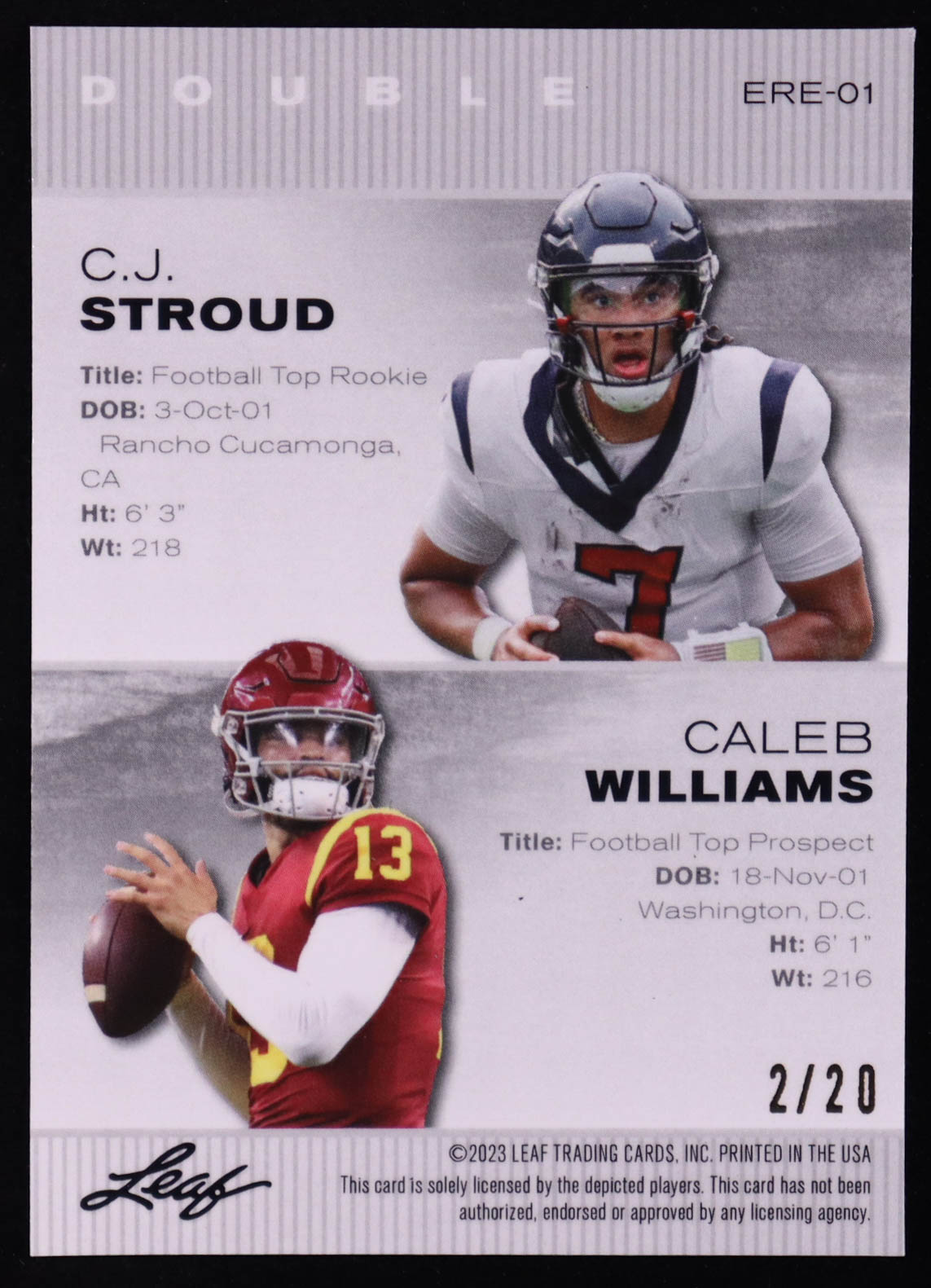 C.J. Stroud / Caleb Williams 2023 Leaf Metal Special Release Exclusive Rookie Edition Disco Blue #ERE01 #2/20 RC at PristineAuction.com C.J. Stroud / Caleb Williams 2023 Leaf Metal Special Release Exclusive Rookie Edition Disco Blue #ERE01 #2/20 RC at PristineAuction.com