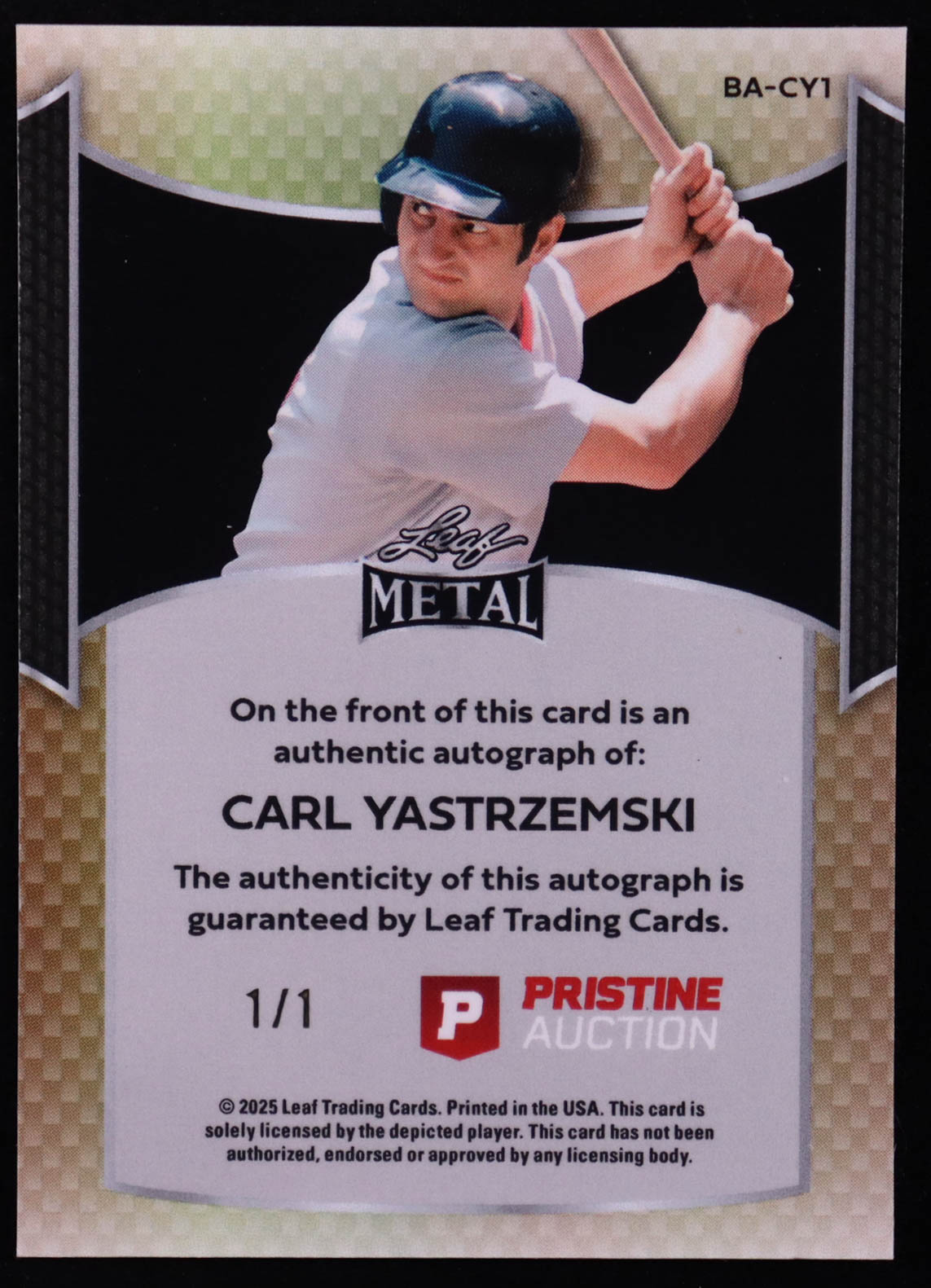 Carl Yastrzemski 2025 Leaf Metal Pristine Auction Collection Autographs Prismatic Gold #BACY1 #1/1 at PristineAuction.com Carl Yastrzemski 2025 Leaf Metal Pristine Auction Collection Autographs Prismatic Gold #BACY1 #1/1 at PristineAuction.com