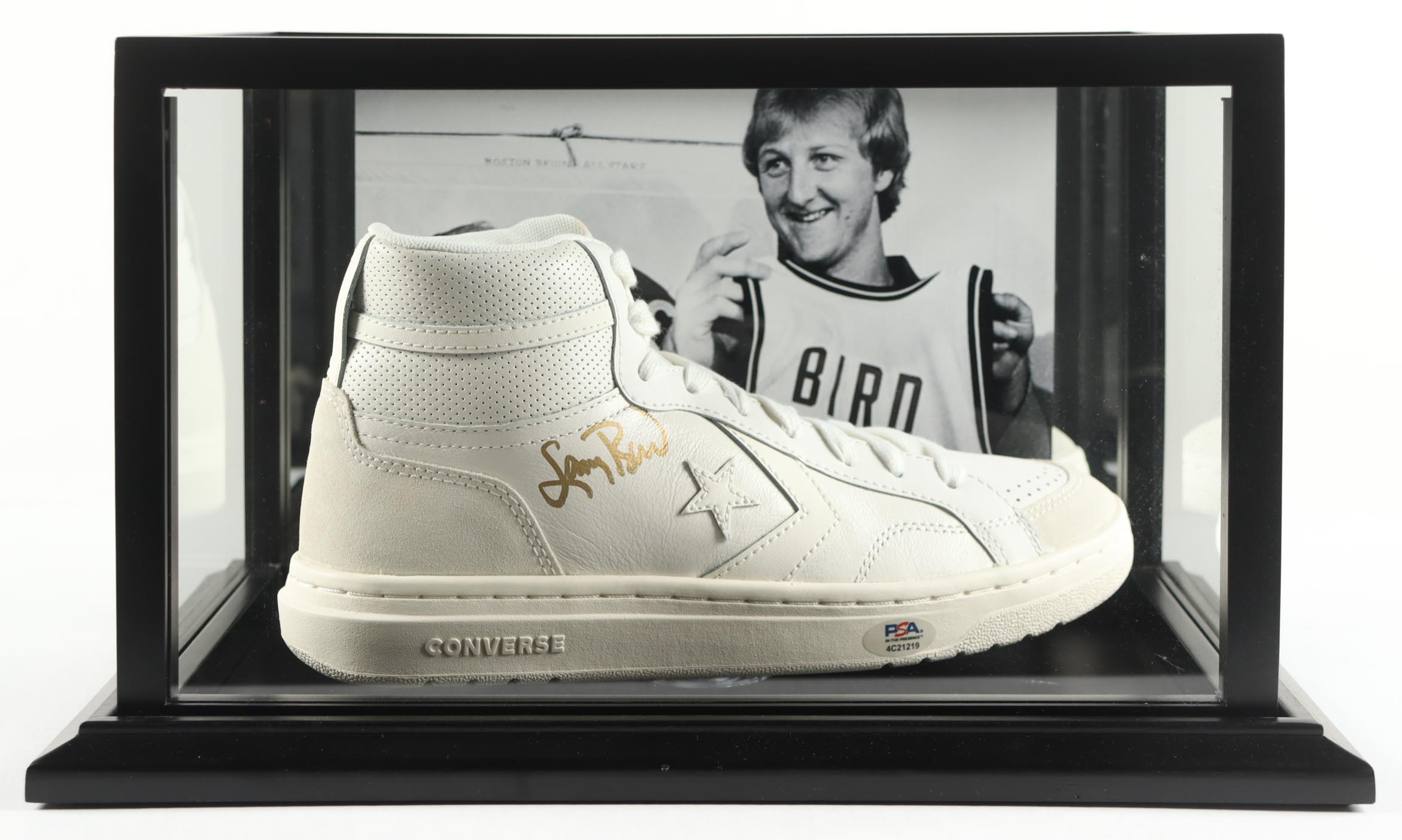 Larry Bird Signed Converse Basketball Shoe with Photoback Display Case (PSA) at PristineAuction.com Larry Bird Signed Converse Basketball Shoe with Photoback Display Case (PSA) at PristineAuction.com