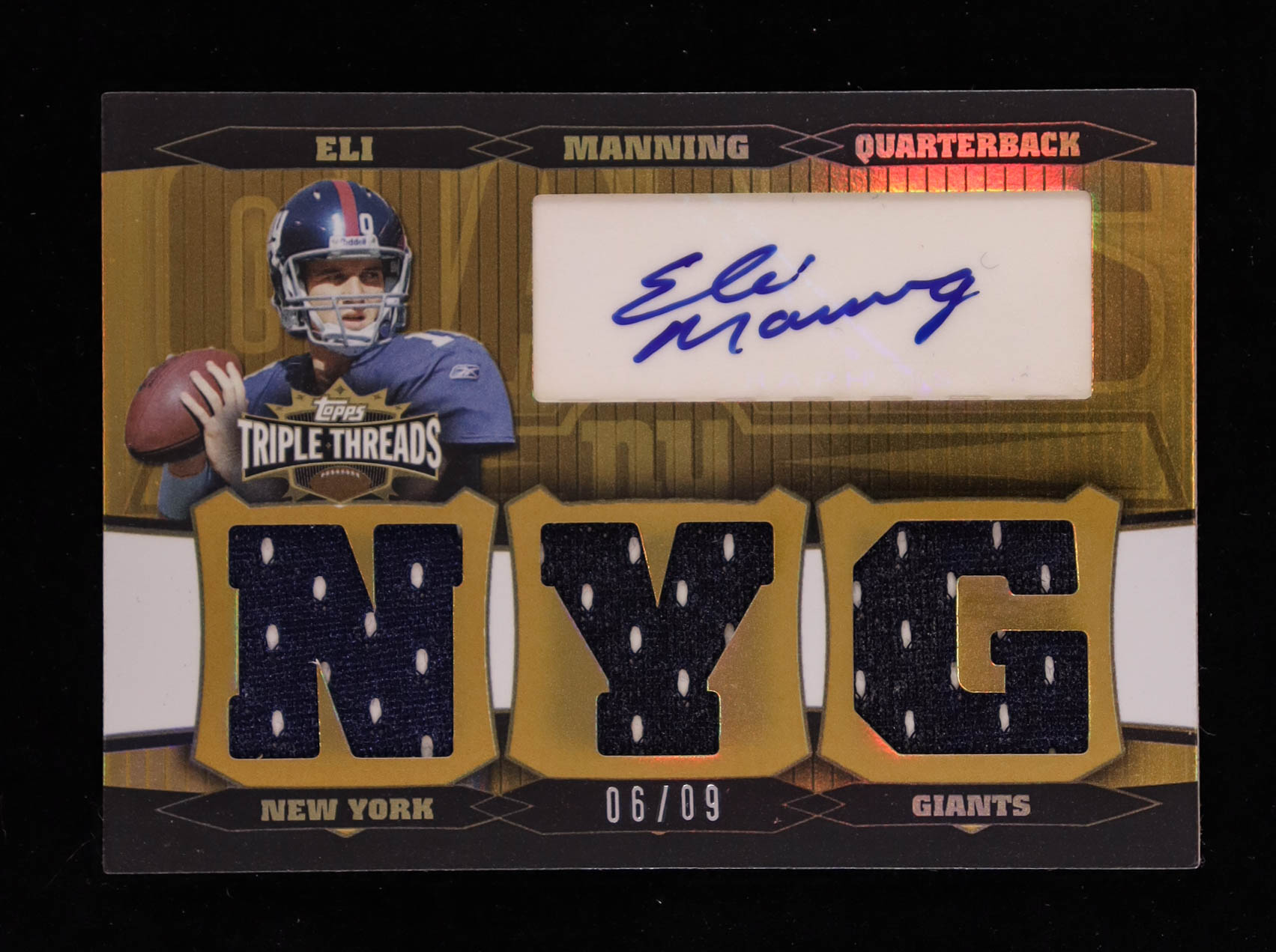 Eli Manning 2006 Topps Triple Threads Autographed Relic Gold #28 #06/09 at PristineAuction.com Eli Manning 2006 Topps Triple Threads Autographed Relic Gold #28 #06/09 at PristineAuction.com