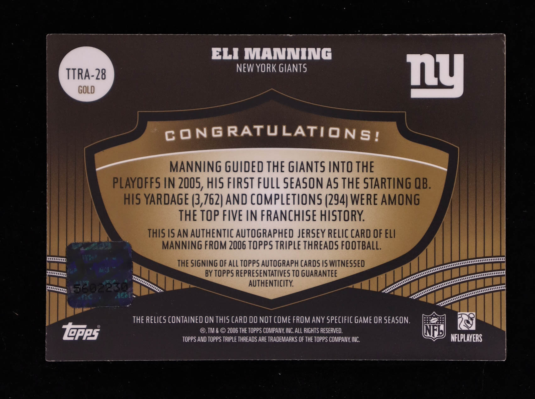 Eli Manning 2006 Topps Triple Threads Autographed Relic Gold #28 #06/09 at PristineAuction.com Eli Manning 2006 Topps Triple Threads Autographed Relic Gold #28 #06/09 at PristineAuction.com