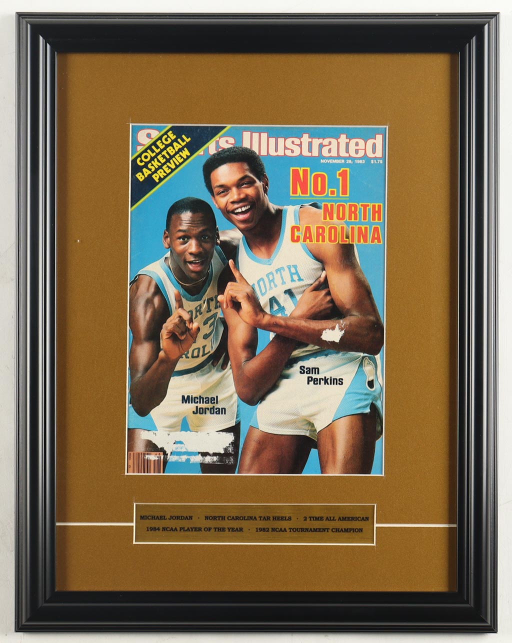 Custom Framed Michael Jordan Rookie First Issue "Sports Illustrated" Magazine Cover Display with Stat Plaque at PristineAuction.com Custom Framed Michael Jordan Rookie First Issue "Sports Illustrated" Magazine Cover Display with Stat Plaque at PristineAuction.com