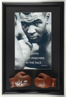 Mike Tyson Signed Custom Framed Set of (2) Vintage Brown Leather Boxing Gloves Display with Photo (PSA & Tyson) at PristineAuction.com