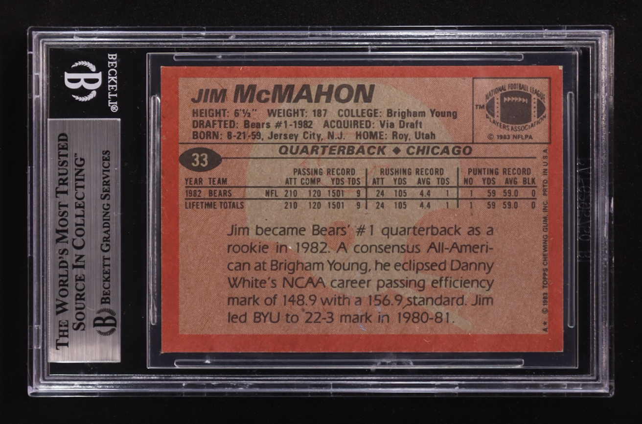 Jim McMahon Signed 1983 Topps #33 RC (BGS Encapsulated) at PristineAuction.com Jim McMahon Signed 1983 Topps #33 RC (BGS Encapsulated) at PristineAuction.com