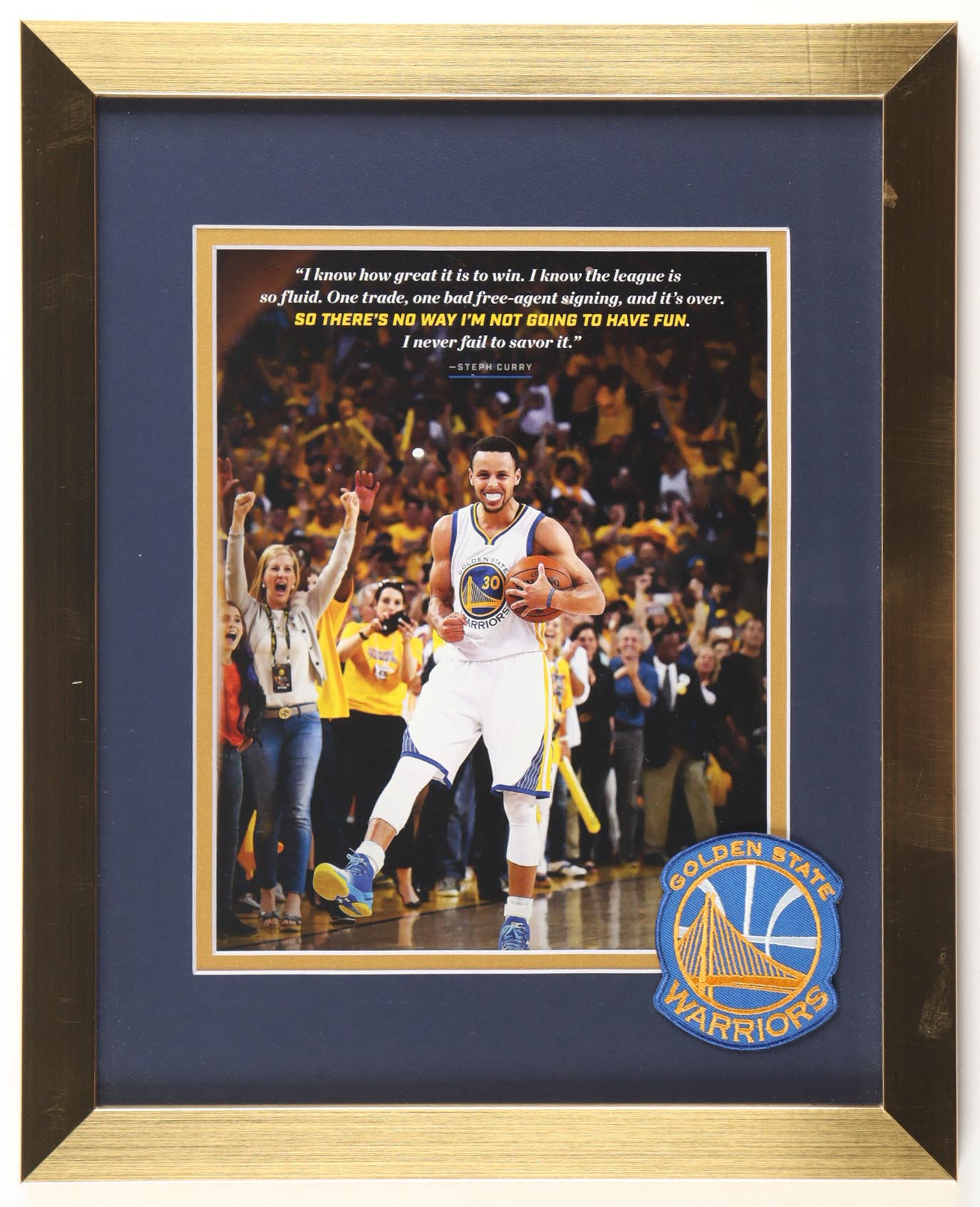 Stephen Curry Custom Warriors Framed Motivational Photo Display with Team Logo Patch at PristineAuction.com Stephen Curry Custom Warriors Framed Motivational Photo Display with Team Logo Patch at PristineAuction.com