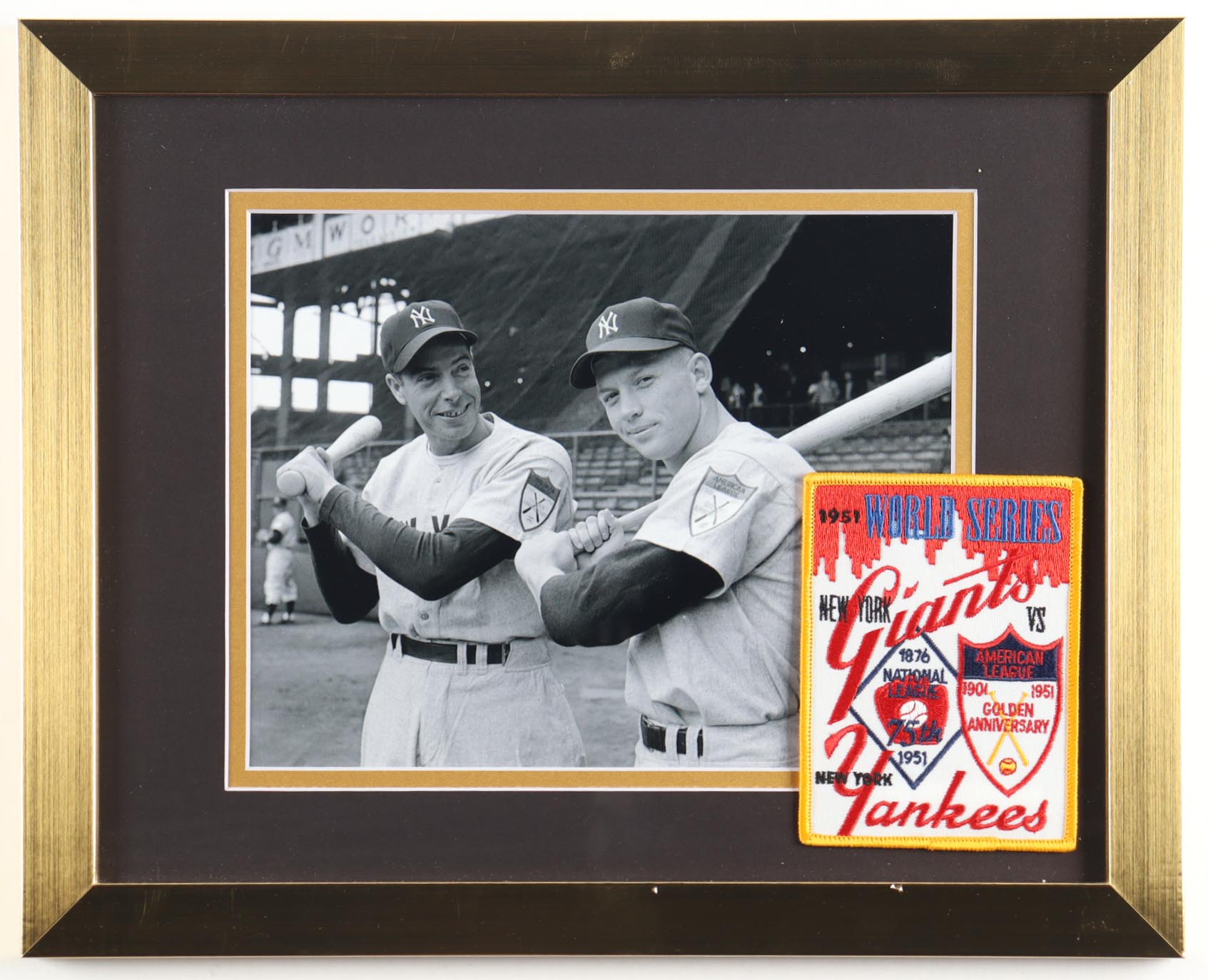 Mickey Mantle & Joe DiMaggio Custom Yankees Framed Photo Display with 1951 World Series Patch at PristineAuction.com Mickey Mantle & Joe DiMaggio Custom Yankees Framed Photo Display with 1951 World Series Patch at PristineAuction.com