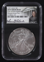 Mint Error 1997 American Silver Eagle $1 Coin Obverse Struck Thru Black Core Holder - Anna Escobedo Cabral Signed Label (NGC MS69) at PristineAuction.com