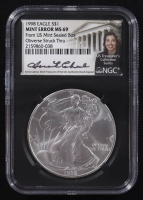 Mint Error 1998 American Silver Eagle $1 Coin Obverse Struck Thru Black Core Holder - Anna Escobedo Cabral Signed Label (NGC MS69) at PristineAuction.com