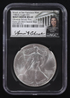 Mint Error 1986-(S) American Silver Eagle $1 Coin Struck at San Francisco Obverse Struck Thru Black Core Holder - Anna Escobedo Cabral Signed Label (NGC MS69) at PristineAuction.com