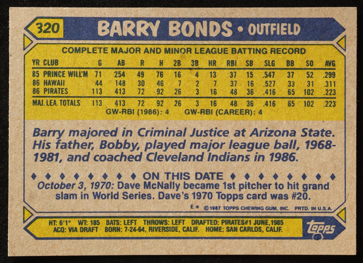 Barry Bonds 1987 Topps #320 RC at PristineAuction.com Barry Bonds 1987 Topps #320 RC at PristineAuction.com