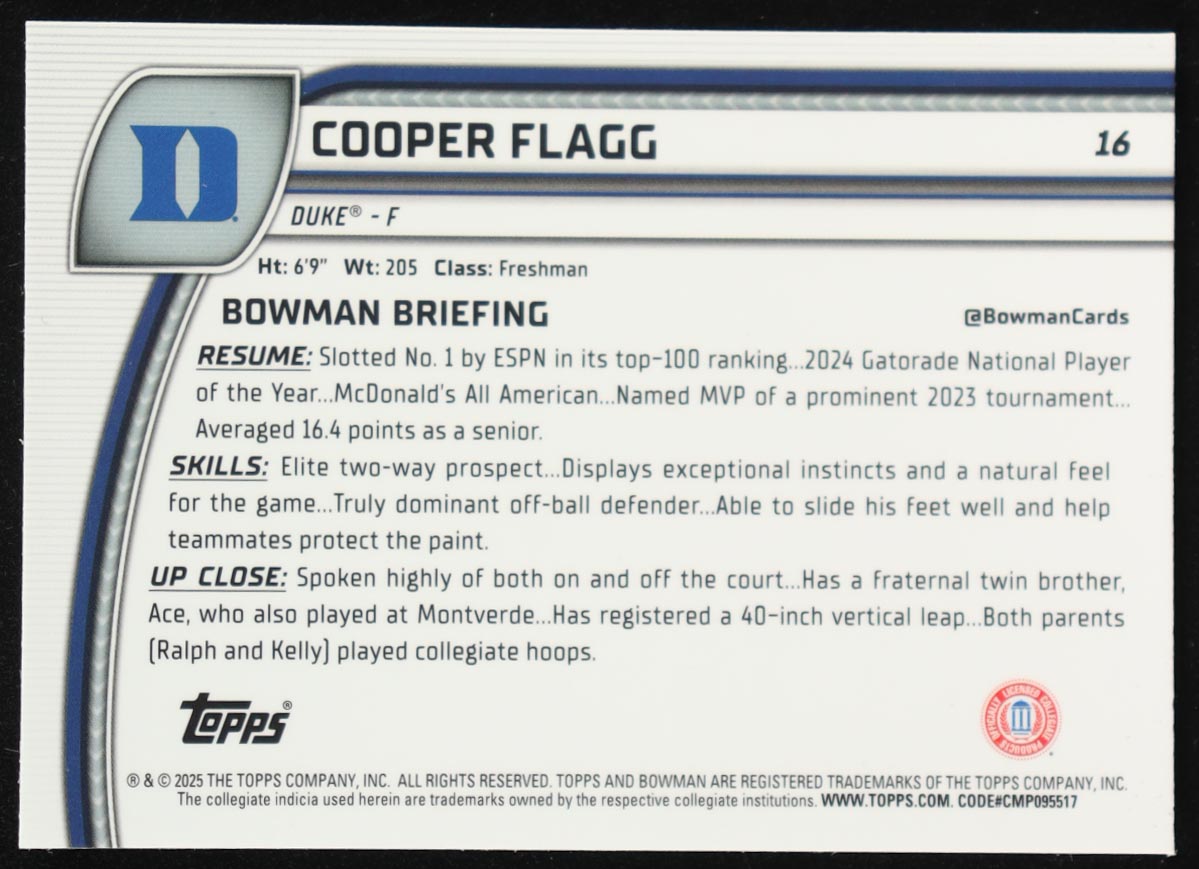 Cooper Flagg 2024-25 Bowman Chrome University Black Wave Refractors #16 RC at PristineAuction.com Cooper Flagg 2024-25 Bowman Chrome University Black Wave Refractors #16 RC at PristineAuction.com