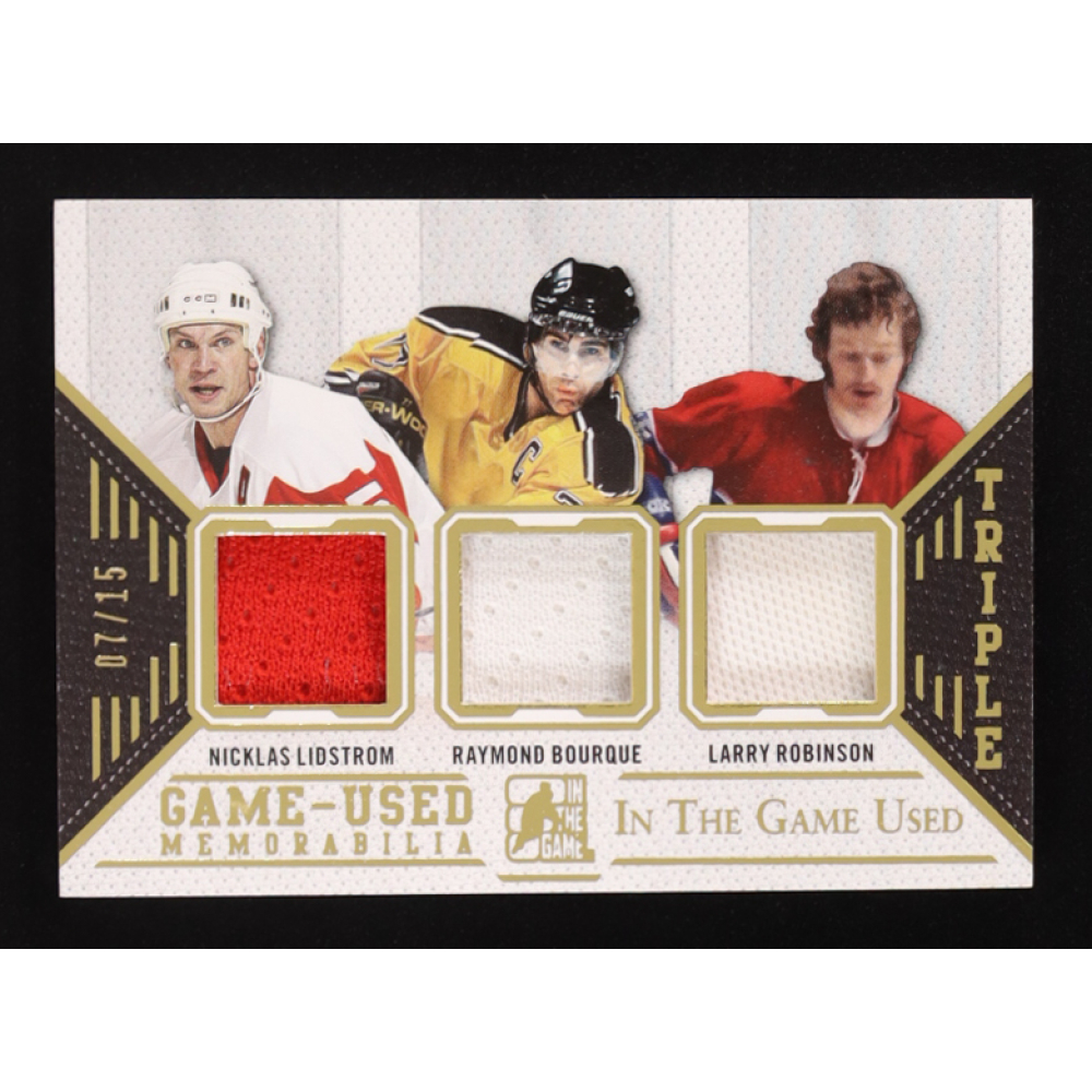 Nicklas Lidstrom / Raymond Bourque / Larry Robinson 2015 Leaf In The Game Triple Jersey Gold #GU3J18 #07/15 at PristineAuction.com