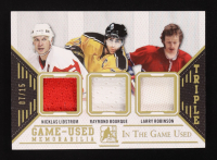 Nicklas Lidstrom / Raymond Bourque / Larry Robinson 2015 Leaf In The Game Triple Jersey Gold #GU3J18 #07/15 at PristineAuction.com