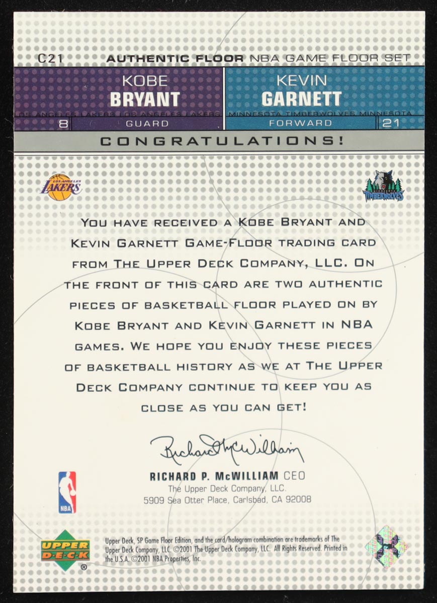 Kobe Bryant / Kevin Garnett 2000-01 SP Game Floor Authentic Floor Combos #C21 at PristineAuction.com Kobe Bryant / Kevin Garnett 2000-01 SP Game Floor Authentic Floor Combos #C21 at PristineAuction.com
