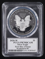 2020-W American Silver Eagle $1 Coin First Day of Issue Washington D.C. - John Dannreuther Signed Flag Label (PCGS Proof 70 Deep Cameo) at PristineAuction.com