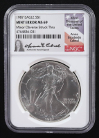 Mint Error 1987 American Silver Eagle $1 Coin Minor Obverse Struck Through - Anna Escobedo Cabral Signed Label (NGC MS69) at PristineAuction.com